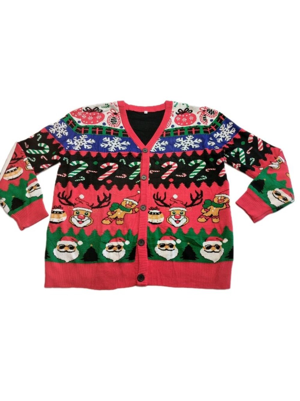 Men Santa Candy Cane Christmas XXL Cardigan Knit Sweater Black Red Green Holiday